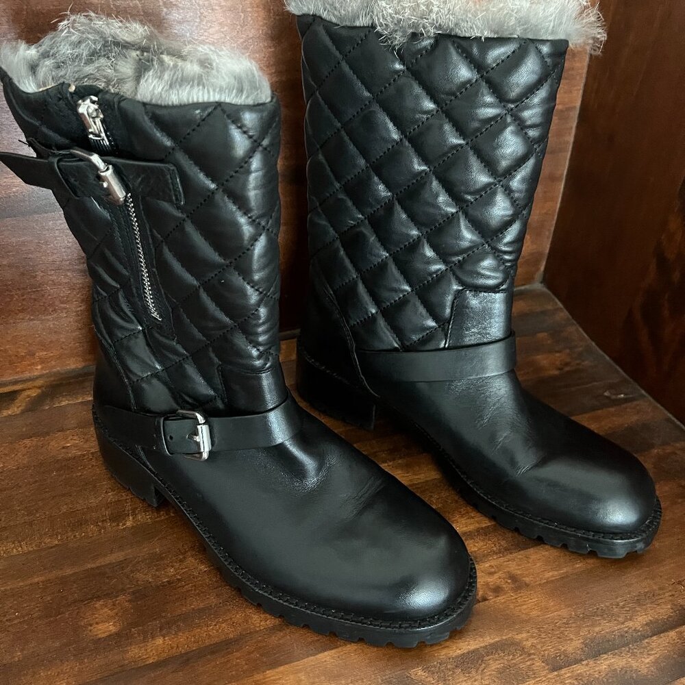 VERO CUOIO Black Leather Boots Diamond Pattern Fur-Lined Boot Quilted Moto 6